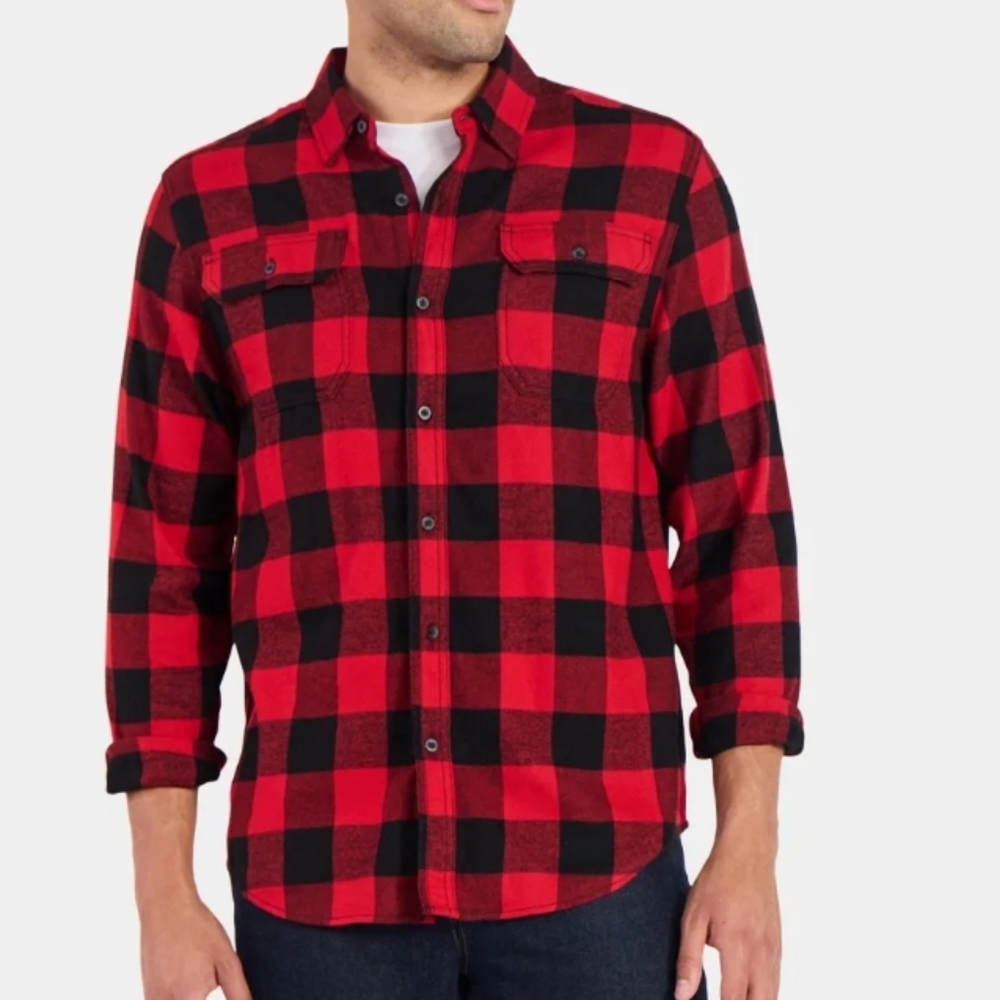 George Double Pocket Flannel Button Down Shirt Sz Lg In Red Buffalo Plaid
